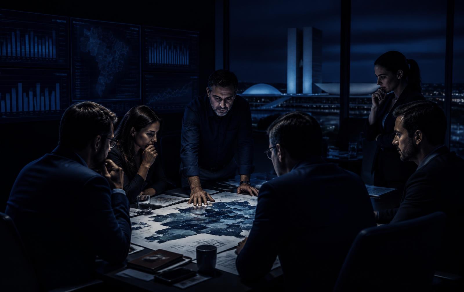 Equipe de estrategistas analisando mapas eleitorais e indicadores em um comitê de campanha