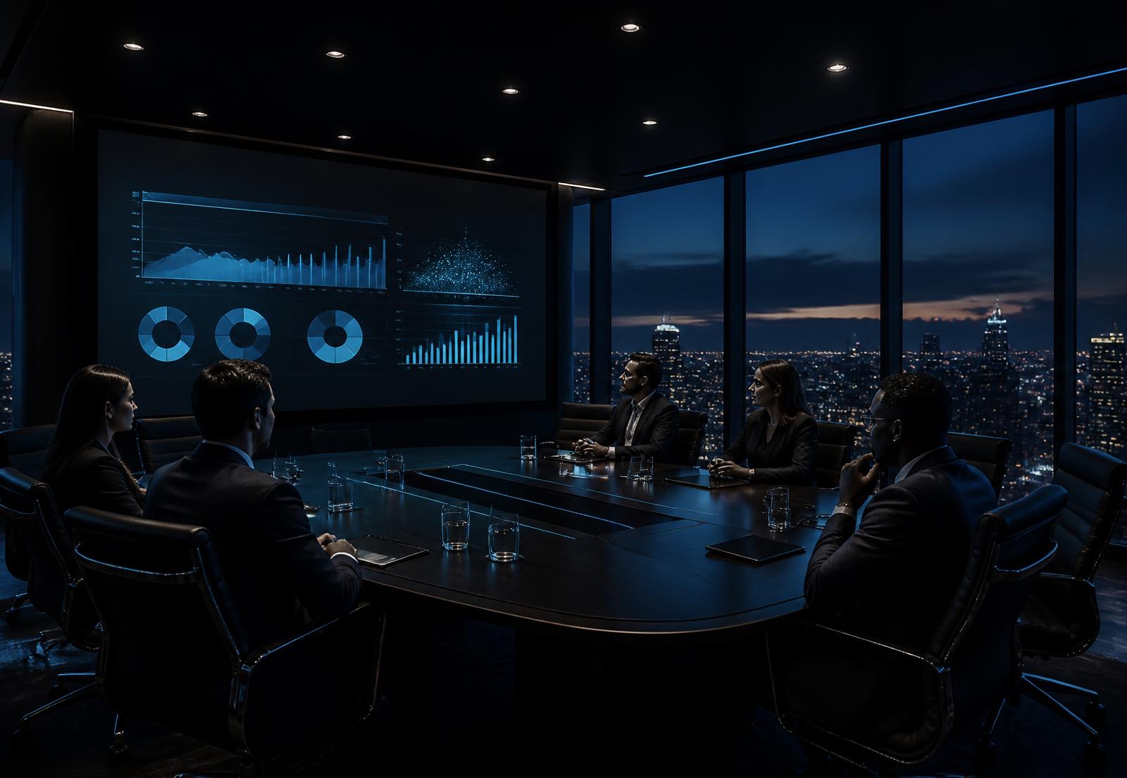 Sala de reunião executiva com painel de indicadores de performance de marketing